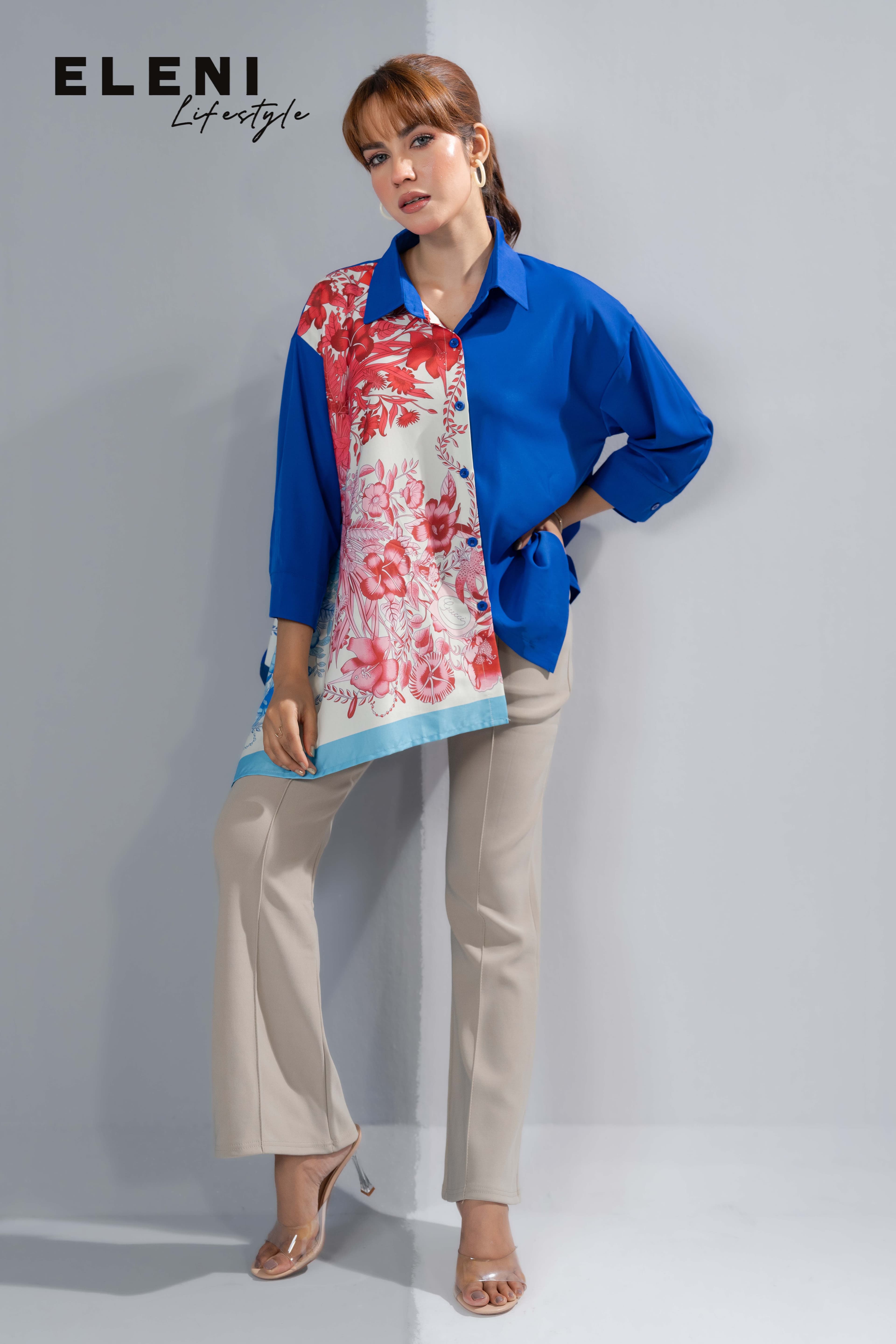 Asymmetrical Floral Silk- Scarf Shirt