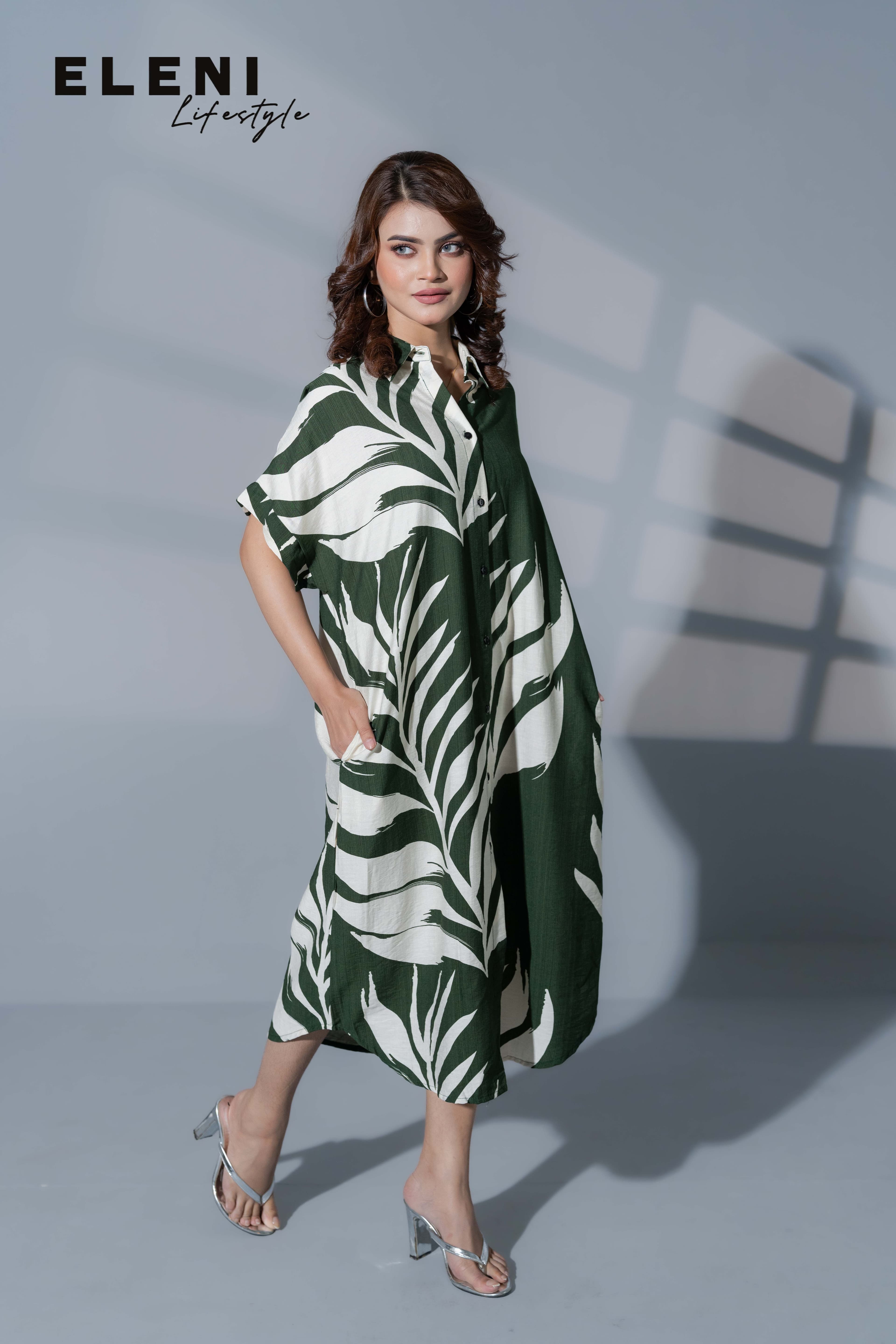Palm Printed Midi Shirt Dress