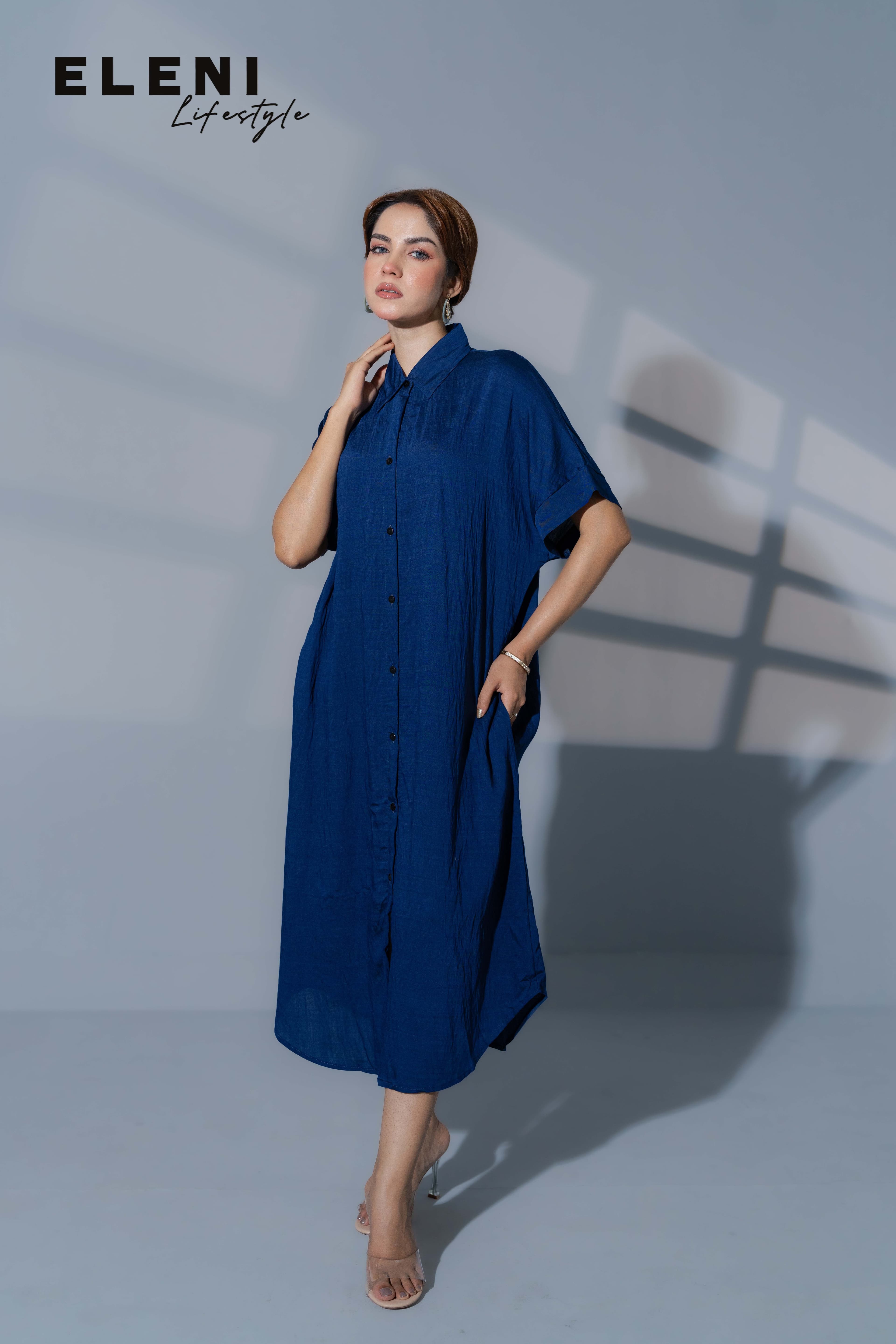 Solid Royal Blue Midi Shirt Dress